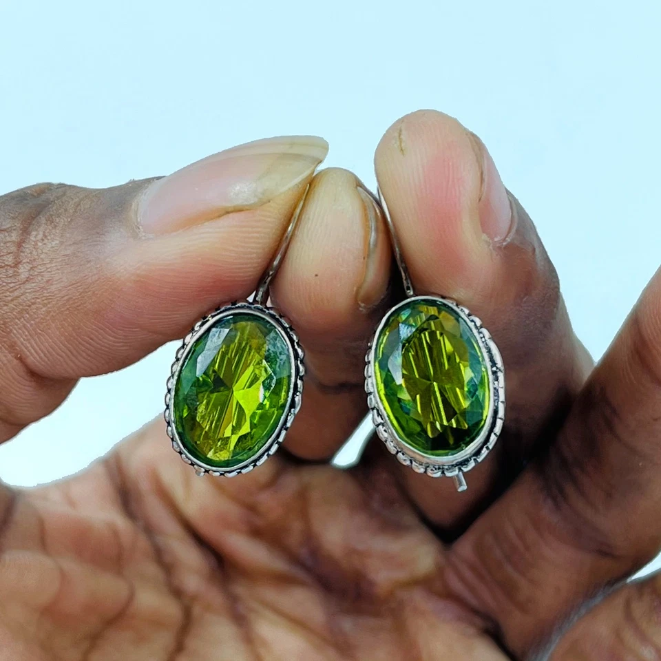 925 Sterling Silver Rose Cut Green Peridot Gemstone Jewelry Dangle Drop Earring - Image 2 of 3