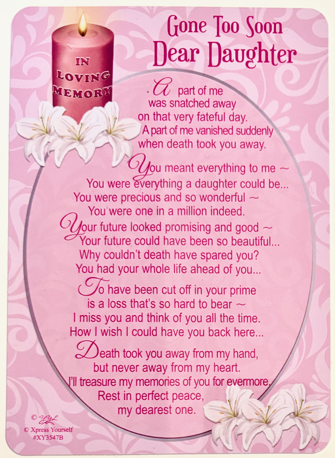 Gone too soon dear Daughter plastic wipe clean Graveside card, brand new