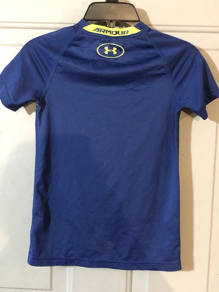 Boys Under Armour Heat Gear Fitted Blue/Green Short Sleeve Shirt Size Youth S — 第 3/4 张图片