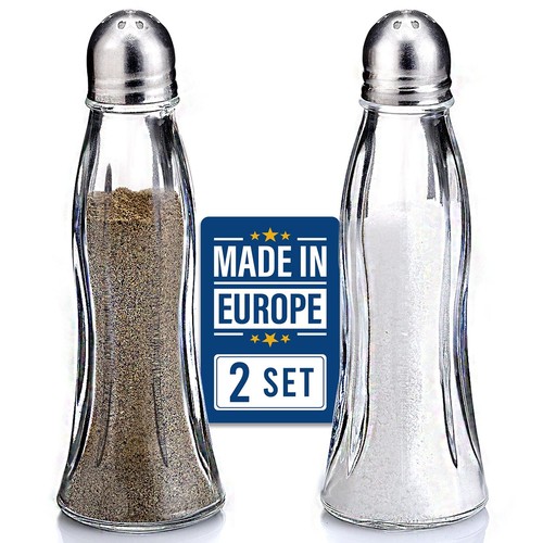 Salt and Pepper Shakers Glass Set, Clear Curved Design, Classic