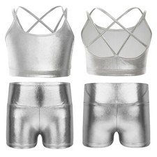 Kids Girls Metallic Sleeveless Gymnastics Ballet Cross Back Tops with Shorts Set