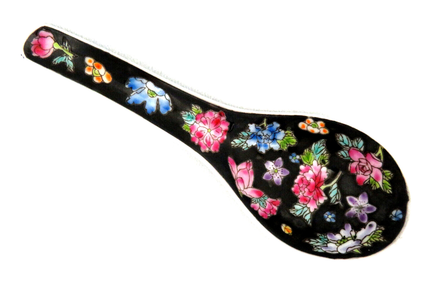Chinese Porcelain Soup Spoon Noir Famille Rose Floral  ~ Black Thousand Flowers