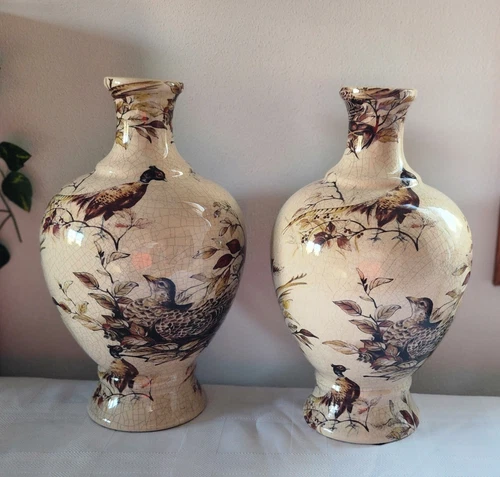 K&K Interiors 12" White Crackled Ceramic Vase W/Pedestal Base & Pheasant - 2 Set