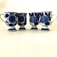 Bella Casa Blue & White Floral Footed Porcelain Mugs Cups Set Of 4 by Ganz