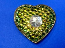 Small Heart Shaped Brass Tone Belt Buckle Covered In Green Rhinestone W/ Center