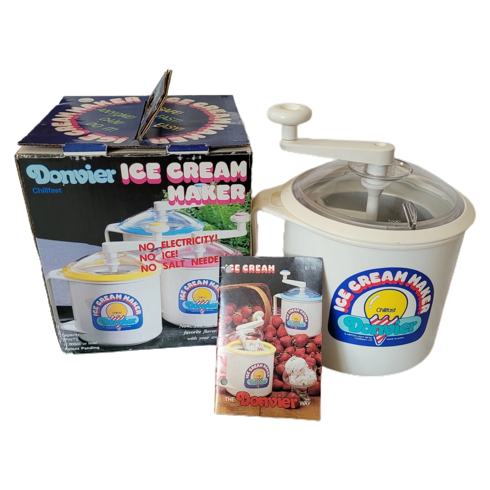 Donvier Chillfast Ice Cream Maker 1 Quart 2 Pints White Rim With Box (Vintage)