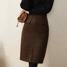 Women Vintage Midi Skirt High-Waist Slit skirt Warm Slim Fit