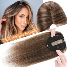 Women's Toupee Clip In 100 Real Human Hair Mono Topper Hairpiece Silk Top Piece