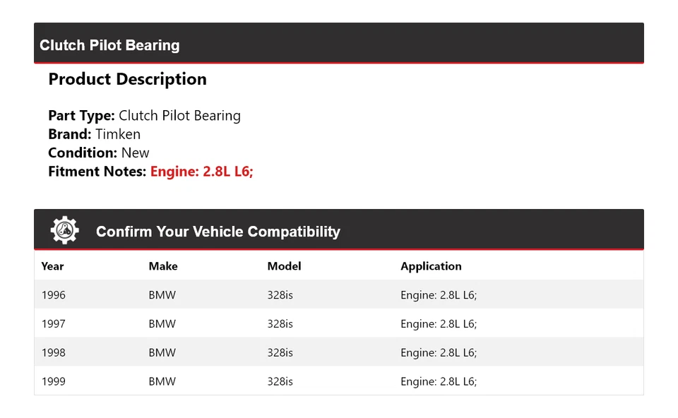 Cojinete piloto embrague Timken 1997 1998 para BMW 328is 1996-1999 2,8 L L6 Foto 2 de 4