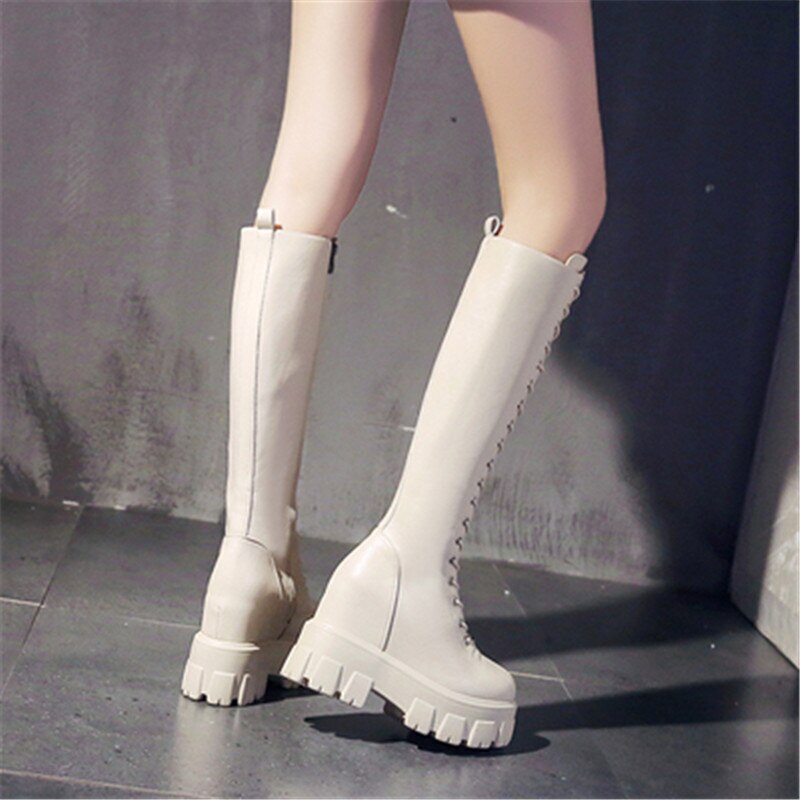 New Women Cross Strap PU Leather Boots Knee High Thick Sole