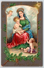 Christmas Postcard Mary Baby Jesus Cherubs Star Embossed Gilt c1909 Religious