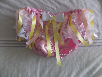 DOUBLE SATIN ALL AROUND LACED KNICKERS WITH RIBBON TRIMS TV SISSY LOLITA COSPLAY