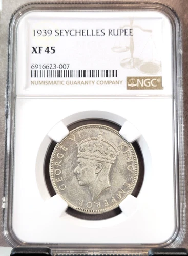 1939 SEYCHELLES SILVER 1 RUPEE GEORGE VI NGC XF 45 SCARCE HIGH GRADE
