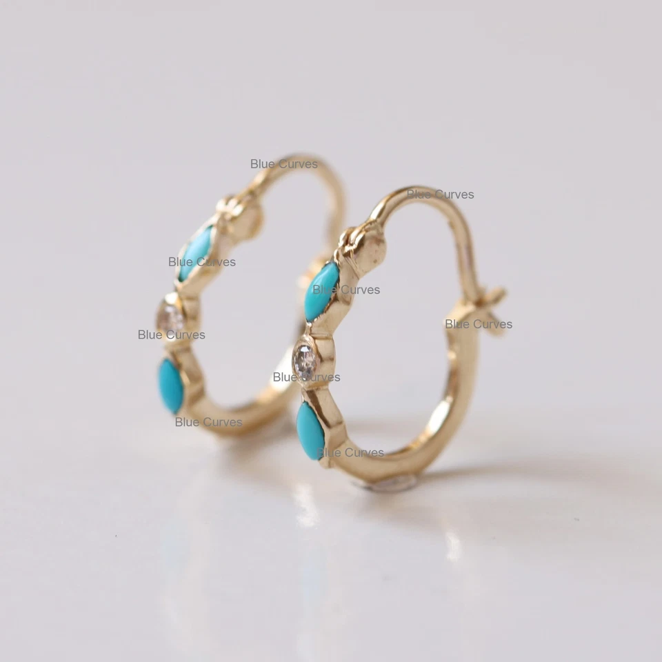 Aretes tipo argolla de diamantes turquesa de oro rosa de 18 quilates joyería fina de regalo de cumpleaños Foto 4 de 4