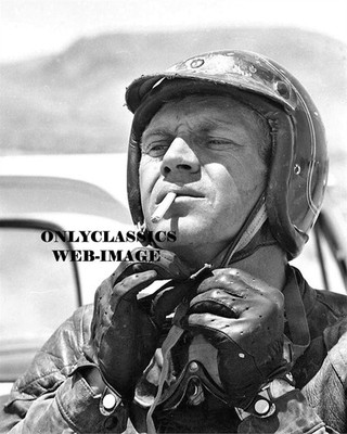 STEVE MCQUEEN MOTORCYCLE RACING 8.5x11 PHOTO SMOKING CIGARETTE OPEN FACE  HELMET