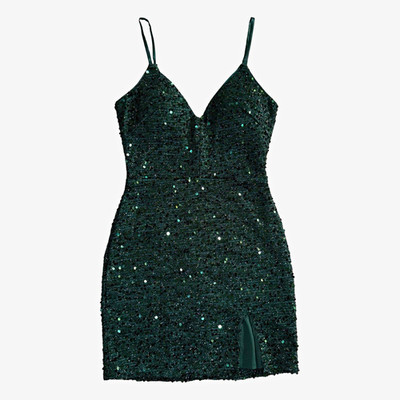 Dear Moon Green Sequin Strappy Sweetheart Mini Bodycon Dress Lined Slit Zip 1