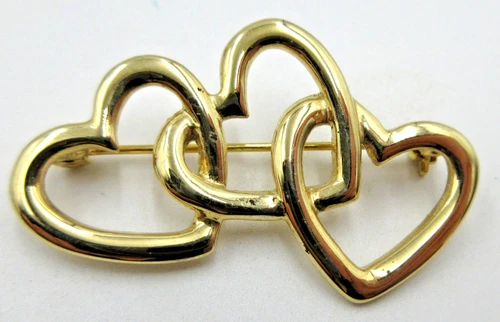 VTG 1.75" OPEN WORK THREE HEART Brooch Pin shiny gold tone metal costume jewelry