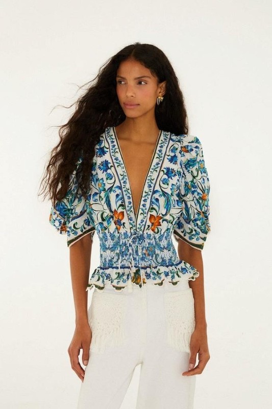 NW AUTH FARM RIO Off-White Flora Tile Smocked Organic Blouse Top Shirt LARGE L