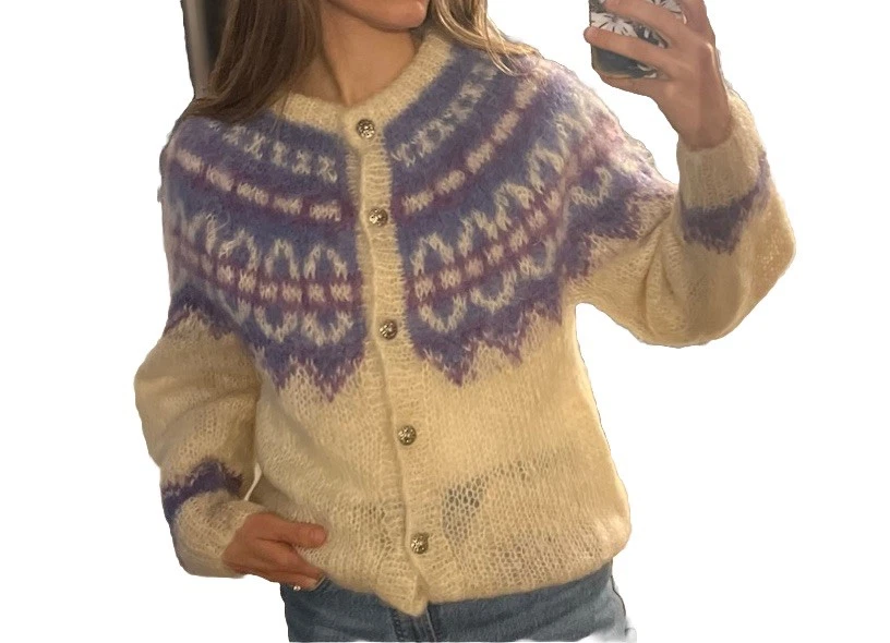 Icelandic Design Womens Cream Fair Isle Handknit Mohair Cardigan Sweater S - Image 3 of 4