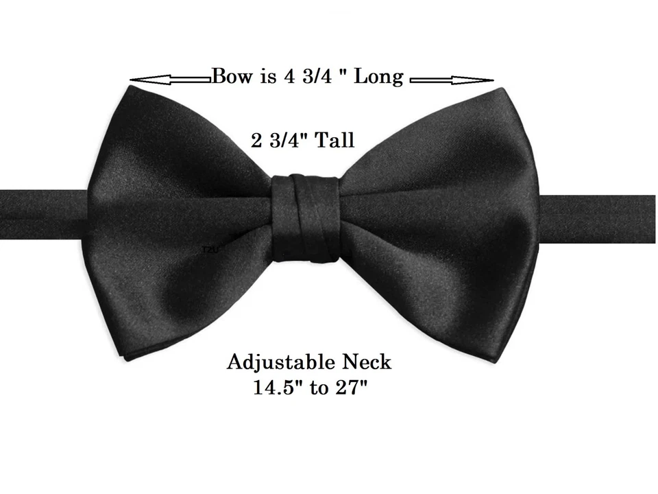 NEW Quality Men's Black Satin Tuxedo Double Dimple Bow Tie Big Tall 14.5" - 27" - Image 2 of 4