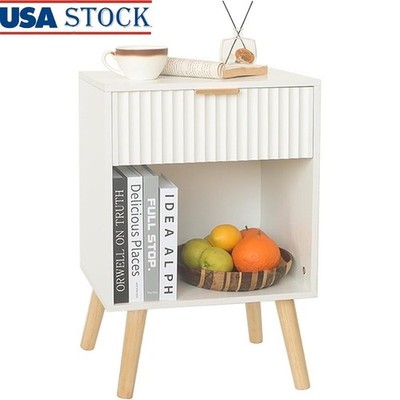Modern Nightstand W/ Drawer Spacious Storage Stylish Fluted Design Easy Assembly