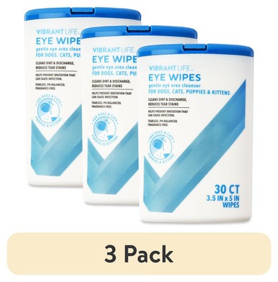 (3 pack) Vibrant Life Eye Wipes for Cats & Dogs, 30 Count Eye Cleanser, Tear Sta