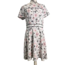 Brooks Brothers Floral Print Fit & Flare Dress White Pink Black Trim Size 10