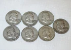 Lot of 7 Benjamin Franklin Half Dollars 90% Silver 1958, 1957,  1954, 1952, 1963