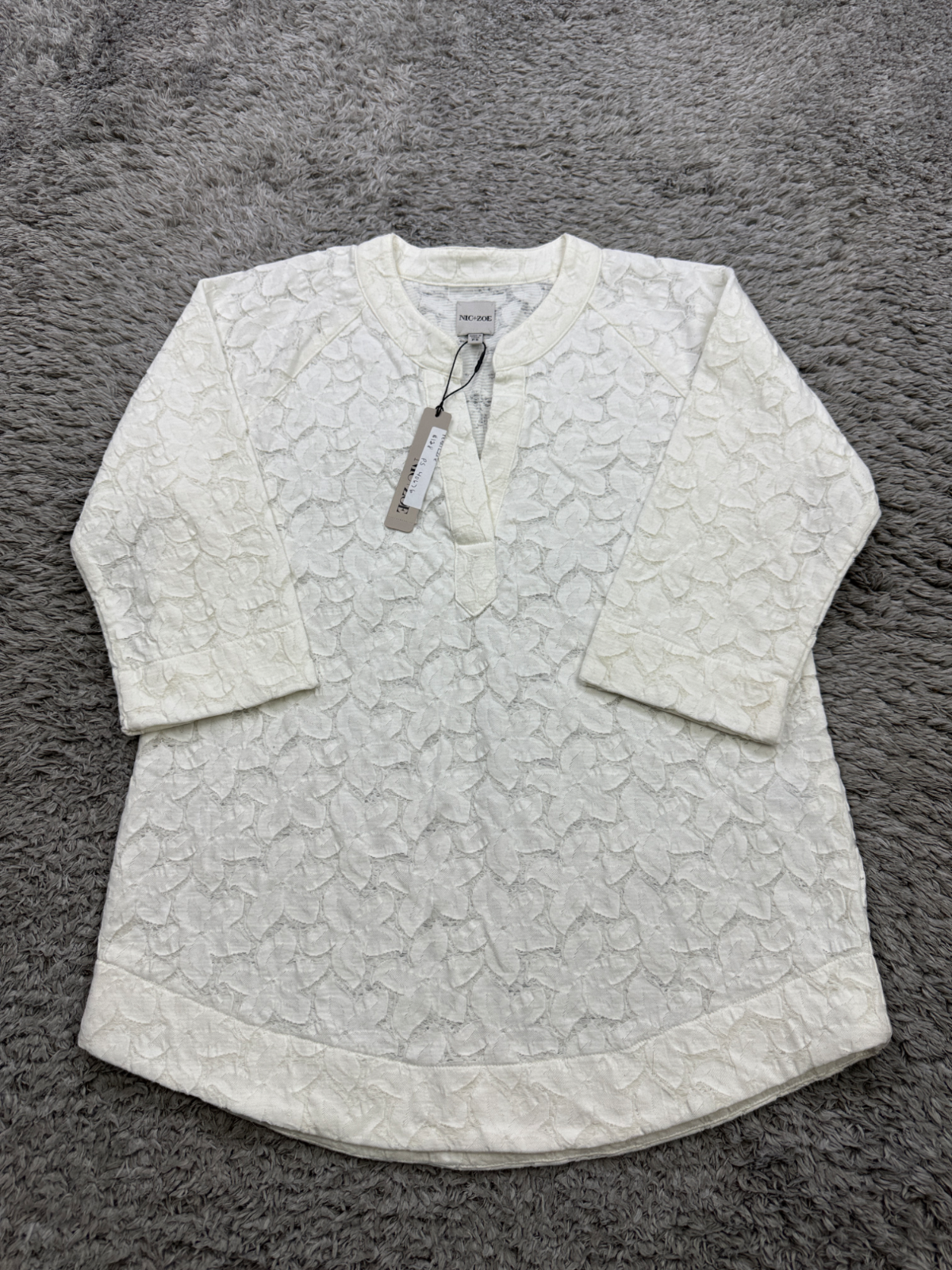 Nic Zoe Top Women Small Petite White Petal Lace Floral 3/4 Sleeve Blouse NWT