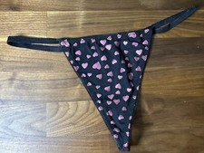 Vtg Frederick's of Hollywood String Thong Panties Metallic Hearts Black Pink Lg