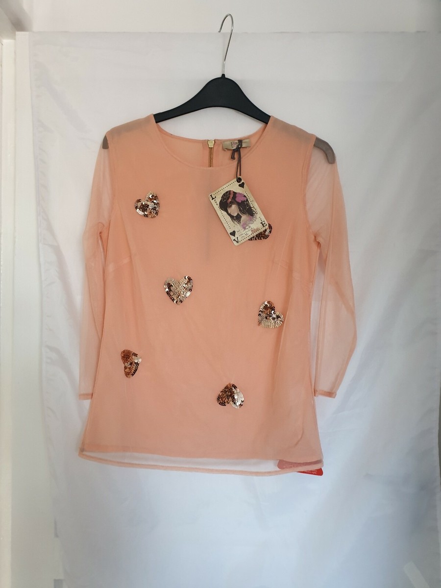 LADIES LOVE LABEL PEACH MESH TOP 3/4 SHEER SLEEVES SEQUIN HEARTS SIZE 8 - BNWT