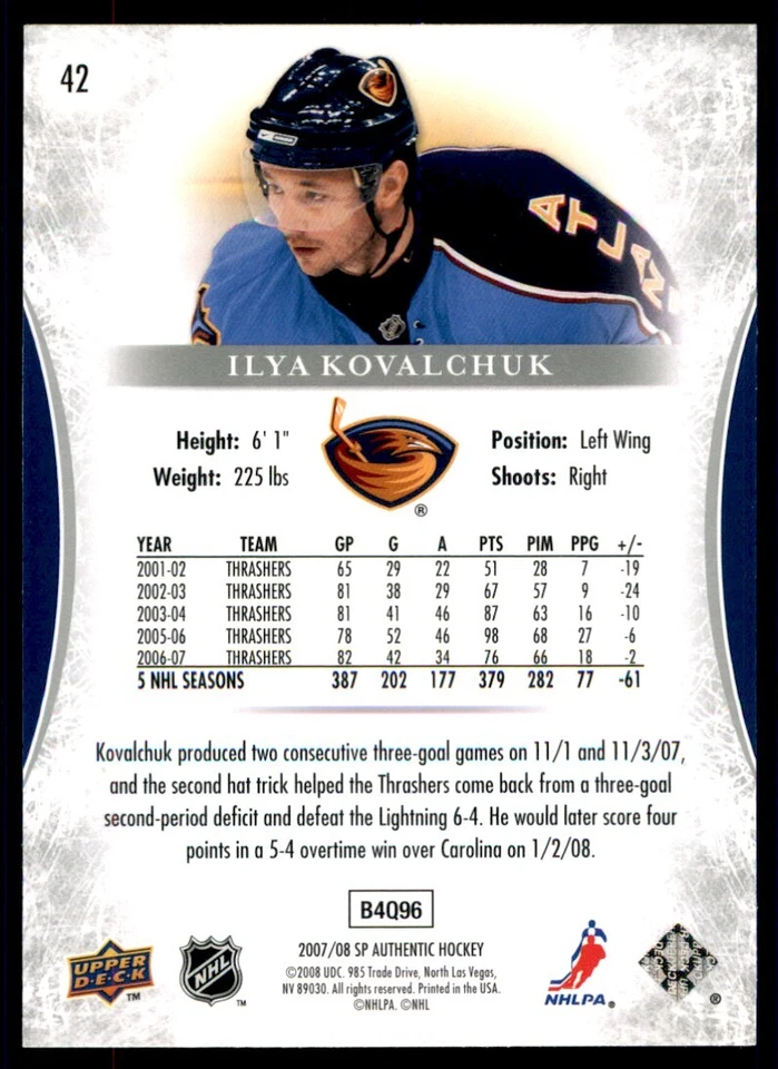 2007-08 SP Authentic Ilya Kovalchuk #42 - Image 2 of 2