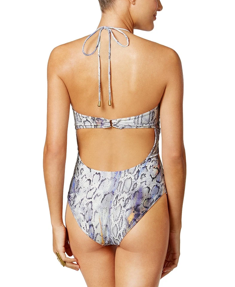 Rachel Roy Womens Grey Snakeskin Hardware Halter One Piece Swimsuit, XS 9532-2 - Image 2 of 4