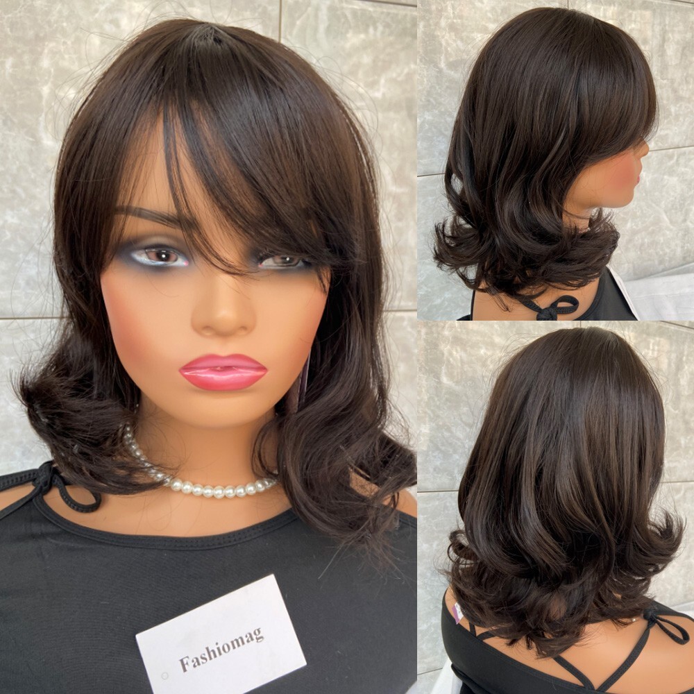 Shoulder Length Natural Black Brown 4# Human Hair Blend Heat  display picture 1