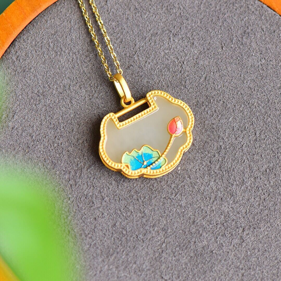 White Jade Ruyi Pendant Necklace in 925 Silver with Natural Chalcedony