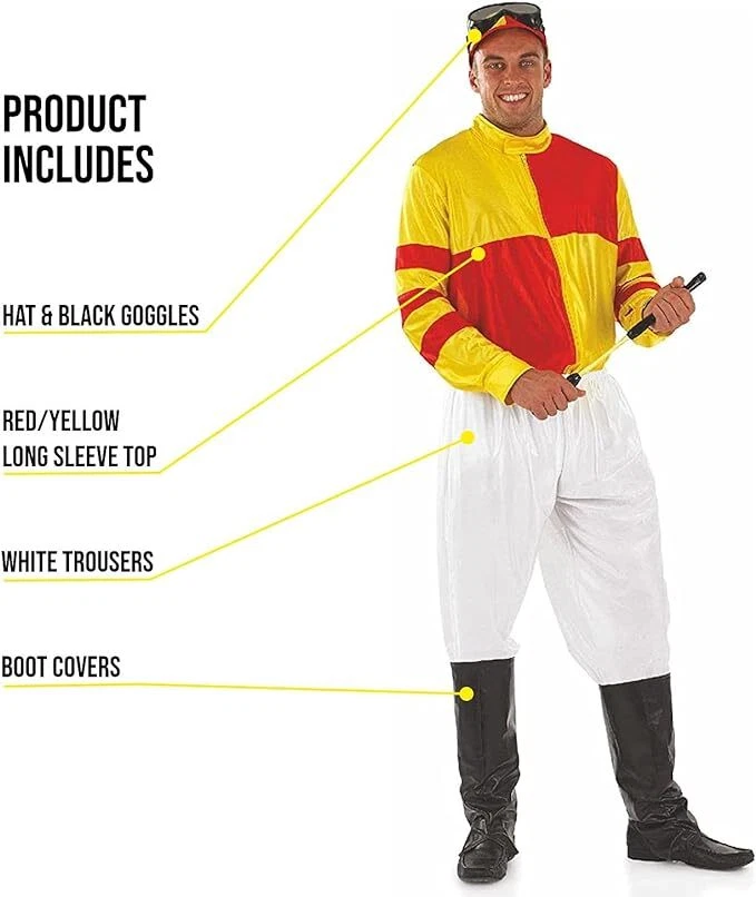 Disfraz de jinete de carreras de caballos para hombre rojo y amarillo traje Derby S - XL Foto 2 de 4