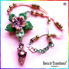 Doll Head Leaf Clover Jewelry Necklace Pendant Art Deco Rococo Good Luck Charm