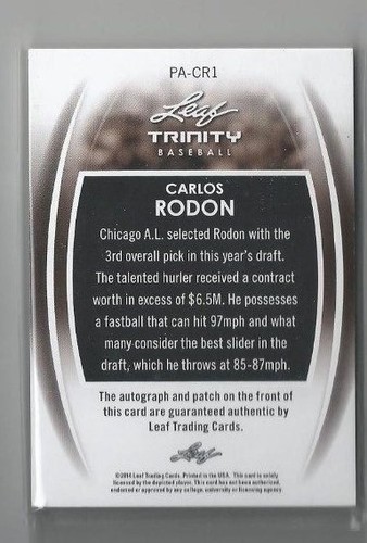 2014 Leaf Trinity Carlos Rodon Auto Patch 3 colori reliquia #d/5 Chicago White Sox - Foto 2 di 2