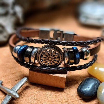 Boho Unisex Bracelet Quality Leather, Alloy, Star Beads, Gift