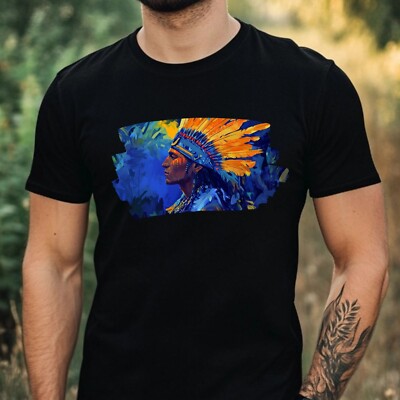 Men's Indian Chief Portrait Motif Cotton T-Shirt Size XS to 5XL