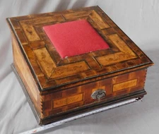 Antique sewing box European inlaid early 18th c. slant top German parquetry