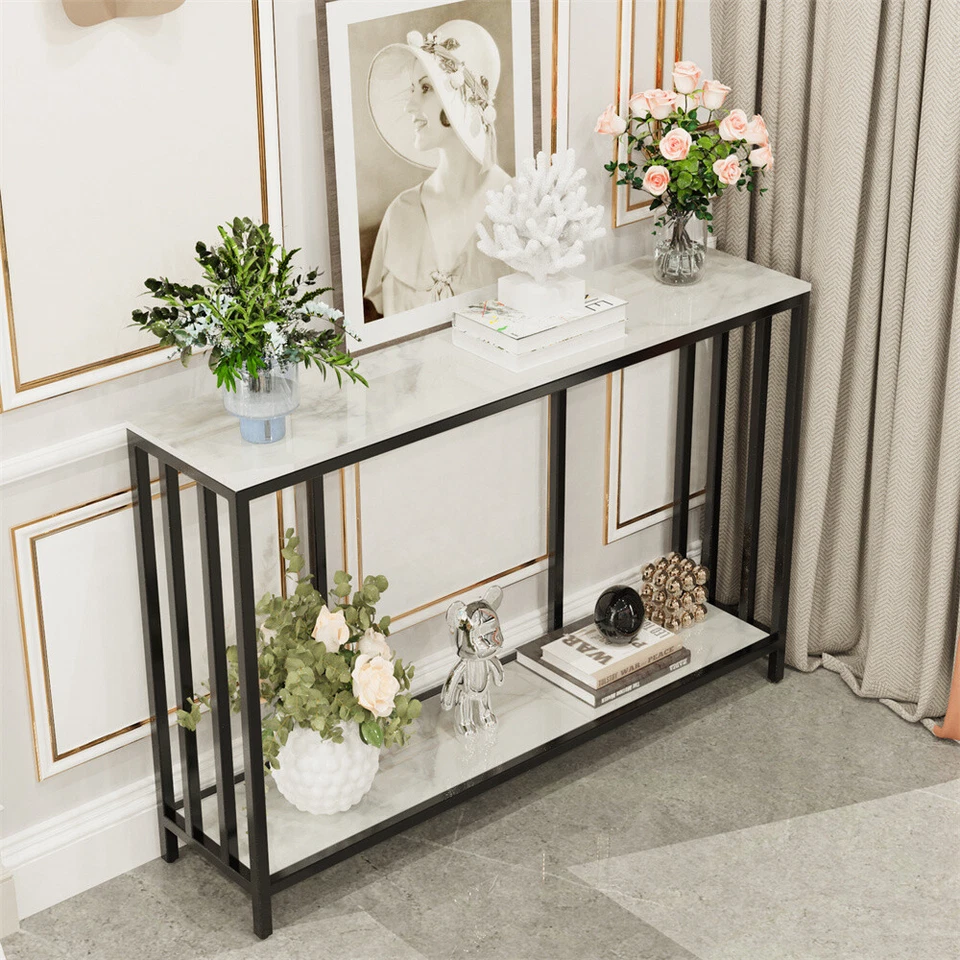 Marble Console Sofa Entry Table with Storage Shelf for Living Room Hallway Foyer - Image 3 of 4