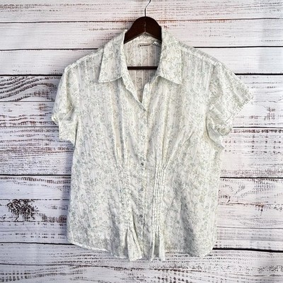 Vintage 90s Y2K Top Blouse M Floral Snaps Pintuck 100% Cotton Sheer White Blue