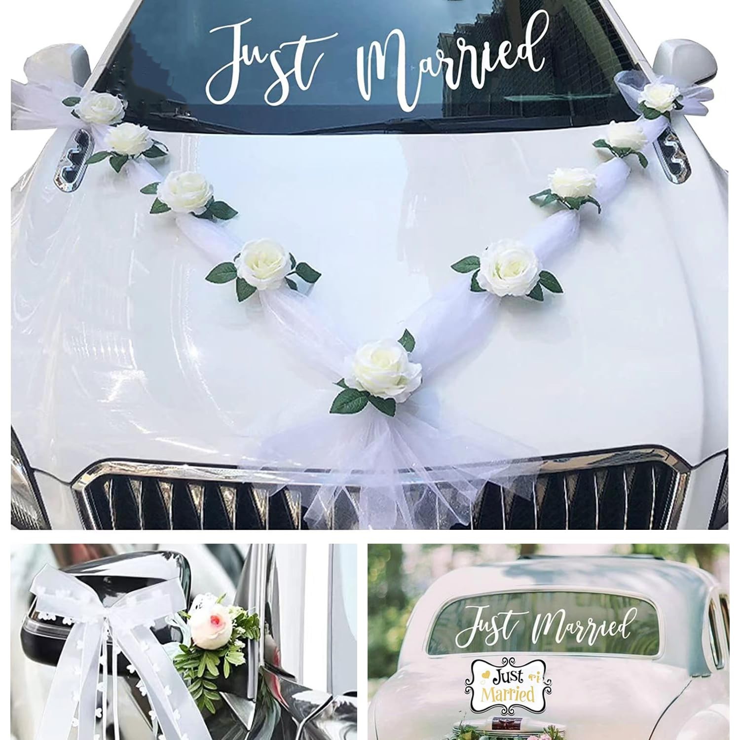 Kit déco voiture de mariage blanc avec 9 roses en ruban et double gaze