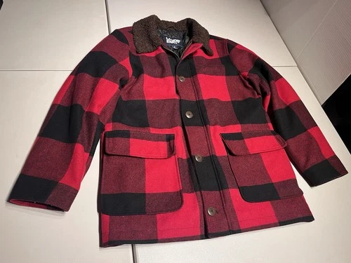 Lands End Jacket Men’s Medium Red Buffalo Plaid Quilted Lined Chore Barn Coat - product listing photo