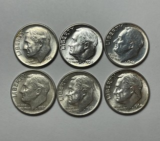 Lot Of 6 Roosevelt Silver Dimes 1956 D 1958 P 1946 P 1963 D 1947 S 1964 D UNC