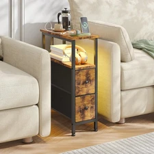 End Table with Charging Station, Slim LED Nightstand with 2 Drawers, Small Side