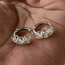 2Ct Round Lab-Created Diamond 3 Stone Huggie Hoop Earrings 14K White Gold Plated