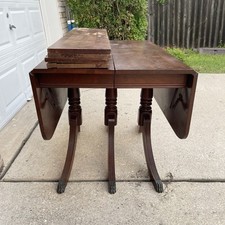 Duncan Phyfe Style Mahogany Drop Leaf Pedestal Side Table with Drawer — listing 4