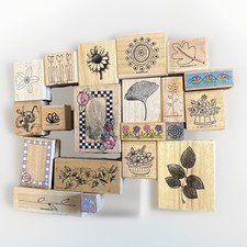 Lot of 20 Flower Themed Wood Mounted Rubber Ink Stamps, Various Brands And Sizes